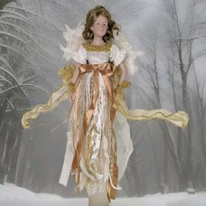 Angel Ornament Ceramic Ribbons Feather 13"  Feathered Wings Christmas